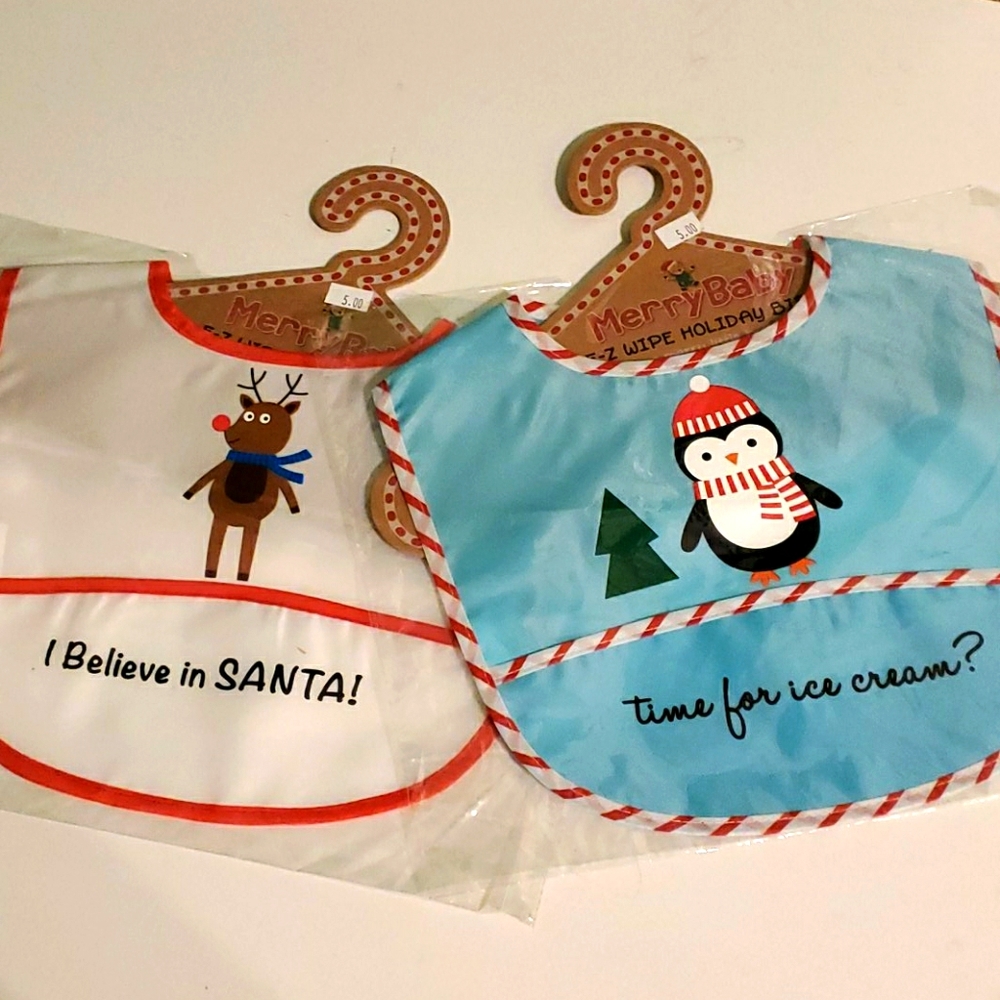 New Christmas Bib set, blue Penguin and white dear